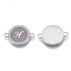 Letter H Alloy Enamel Links Connectors, with Crystal Rhinestones, Flat Round with Letter, Silver Color Plated, Letter.H, 22x16x2mm, Hole: 1.8mm