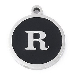 Letter R 201 подвески из нержавеющей стали, с черной эмалью, цвет нержавеющей стали, плоские круглые с буквы, Буква R, 18.5x15.5x2 мм, отверстие : 1.6 мм