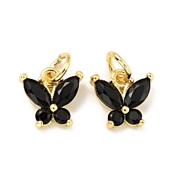 Black Rack Plating Brass Inlaid Cubic Zirconia Charms, with Jump Rings, Cadmium Free & Lead Free, Golden, Butterfly, Black, 10x10x3.5mm, Hole: 3.4mm