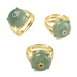 Зеленый Авантюрин Открытые кольца манжеты из латуни с микропаве и кубическим цирконием, с естественной зеленый авантюрин, круглые, стойки покрытие, долговечный, золотые, 18 мм