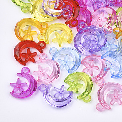 Mixed Color Transparent Acrylic Pendants, Faceted, Moon with Star, Mixed Color, 25x19x6mm, Hole: 2.5mm, about 540pcs/500g