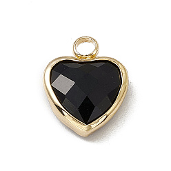Jet Heart K9 Glass Charms, Faceted, with Light Gold Tone Brass Edge, Jet, 13.5x10.5x4.5mm, Hole: 2.2mm