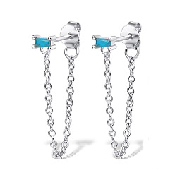 Sky Blue Rhodium Plated Platinum 925 Sterling Silver Chains Front Back Stud Earrings, with Rectangle Cubic Zirconia, Sky Blue, 48x4mm