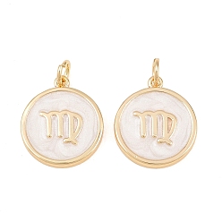 Virgo Brass Enamel Pendants, Flat Round & Constellation Charms, Rack Plating, Long-Lasting Plated, Cadmium Free & Lead Free, Golden, Virgo Charms, 17.5x15x2mm, Hole: 3mm