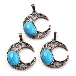 Синтетическая Бирюза Синтетические бирюзовые подвески, с красной медью, луна, 34x30x9~9.5 мм, отверстие : 5x8 мм