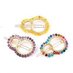 Mixed Stone Alloy Hollow Geometric Natural Gemstone Beads Hair Barrettes, Ponytail Holder Statement, with Hair Accessories for Women, Interlink Rings Shape, 64mm, Rings: 54x40x4mm, Beads: 4~4.5mm