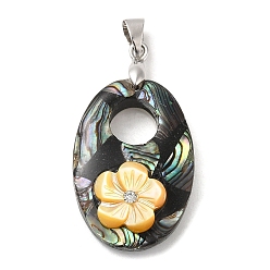 Platinum Natural Paua Shell Pendants, Oval Charms with Brass Rhinestone Findings and Natural Dyed White Shell Flower, Platinum, 31x21x8mm, Hole: 5x3.5mm