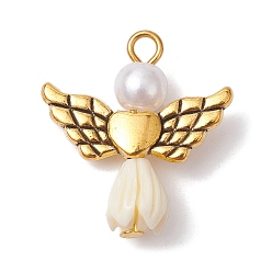 Antique White Resin Imitation Pearl Pendants, Rose Angel Charms with Antique Golden Plated Alloy Heart Wings, Antique White, 23.5~24x22x6.5mm, Hole: 1.8~2.2mm