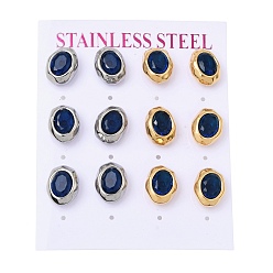 Medium Blue 6 Pairs 304 Stainless Steel Pave Cubic Zirconia Stud Earrings, Oval, PVD Vacuum Plating, Golden & Stainless Steel Color, Medium Blue, 12.5x10mm