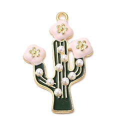 Colorful Golden Plated Alloy Enamel Pendants, with Plastic Imitation Pearl, Cactus Charms, Colorful, 36x23.5x3.6mm, Hole: 1.8mm