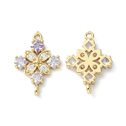 Lilac Brass Pave Cubic Zirconia Connector Charms, Light Gold, Rhombus Links, Lilac, 20x14x3mm, Hole: 1.2mm