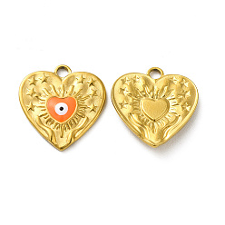 Orange Ion Plating(IP) 304 Stainless Steel Pendants, with Evil Eye Enamel, Real 18K Gold Plated, Heart with Star Charm, Orange, 17.5x17x2.5mm, Hole: 2mm