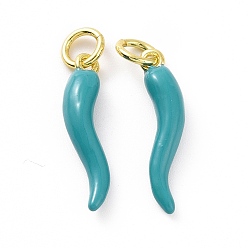 Бирюза Подвески из латуни с покрытием из эмали, с целью перехода в кольце, долговечный, реальный 18 k позолоченный, без кадмия и без свинца, рог изобилия / итальянский рог корничелло амулеты, бирюзовые, 18.5x4.5x4 мм, Перейти кольцо: 5x0.8 мм, внутренний диаметр: 3 мм