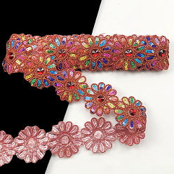 Pale Violet Red Polyester Lace Trim, with Colorful Paillettes, Flower, Garment Accessories, Pale Violet Red, 2-3/8 inch(60mm), about 4.5 yards/pc