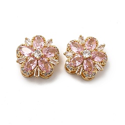 Pink Многожильные звенья из латуни с паве из кубического циркония, цветок, реальный 18 k позолоченный, розовые, 16x9 мм, отверстие : 1.8 мм