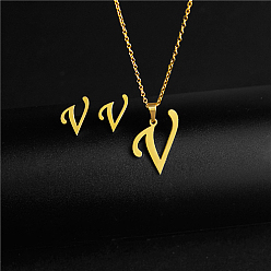 Letter V Golden Stainless Steel Initial Letter Jewelry Set, Stud Earrings & Pendant Necklaces, Letter V, No Size