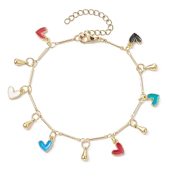 Golden Brass Colorful Enamel Heart Link Chains Bracelet, for Valentine's Day, Golden, 9-3/8 inch(23.9cm)