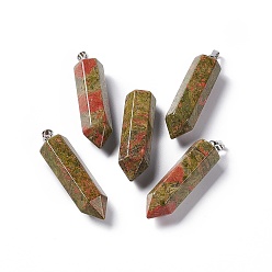 Unakite Natural Unakite Double Terminated Pointed Pendants, with Platinum Tone Brass Findings, Bullet, 39x10x10mm, Hole: 3x6mm