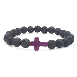 Purple Cross Colorful Lava Stone Beaded Bracelet with Cross Pendant Jewelry