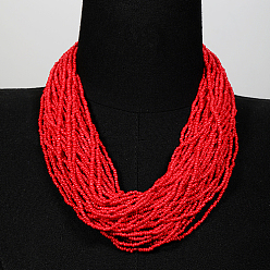 Red Plastic Beaded Multi-strand Necklaces, Bohemian Style Necklace, Red, 20.87 inch(53cm)