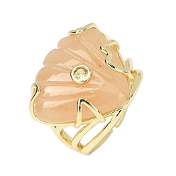 Yellow Aventurine Natural Yellow Aventurine Cuff Rings, Shell Shape, Brass Micro Pave Cubic Zirconia Cuff Open Rings, Golden, 24.5mm, US Size 7 1/4(17.5mm)