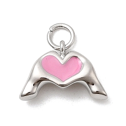 Бледно-Розовый Латунь эмаль подвески, жест сердце, стойки покрытие, долговечный, без кадмия и без свинца, платина, с целью перехода в кольце, розовый жемчуг, 10x15x4 мм, отверстие : 3.2 мм