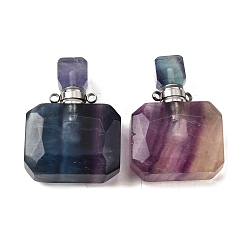 Флюорит Подвески для флаконов духов из натурального флюорита, с 304 фурнитурой из нержавеющей стали, граненые, прямоугольник амулеты, цвет нержавеющей стали, 33~34x25x11~12 мм, отверстие : 1.9 мм