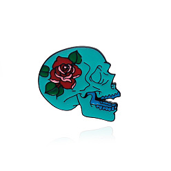 Turquoise Halloween Skull Theme Enamel Pin, Alloy Brooch, Turquoise, 34x29mm