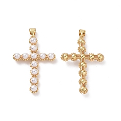 Real 18K Gold Plated Plastic Imitation Pearl Pendants, with Brass Findings, Cross Charm, Real 18K Gold Plated, 39.5x26.5x5.5mm, Hole: 4x5.5mm