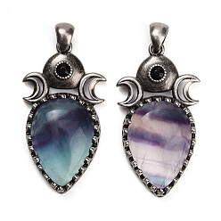 Fluorite Natural Fluorite Pendants, Brass Rhinestone Triple Moon Teardrop Bezeled Charms, Antique Silver, 44x24x7mm, Hole: 5x5mm