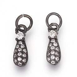 Черный Цвет Металла Латунные подвески, с микро проложить кубического циркония, слеза, прозрачные, металлический черный , 12x4x3 мм, отверстие : 3.5 мм