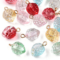 Mixed Color Transparent Spray Painted Glass Pendants, with Golden Plated Iron Bails and Gold Foil, Strawberry, Mixed Color, 17x11.5x11mm, Hole: 1.8mm