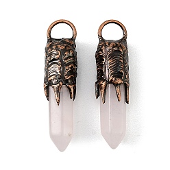 Розовый Кварц Естественно розового кварца большие кулоны, Граненые заостренные подвески в форме пули с латунными оправами в виде лапок, Красная медь, 52x13 мм, отверстие : 7x8.5 мм