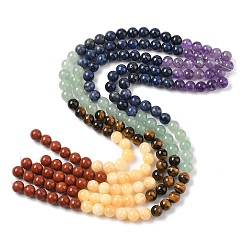 Смешанные камни Нити бусин из натуральной красной яшмы, желтого нефрита, зеленого авантюрина, тигрового глаза, содалита и аметиста, круглые, 10~10.5 мм, отверстие : 1.2 мм, около 37 шт / нитка, 14.84~14.92'' (37.7~37.9 см)