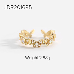 JDR201695 Geometric Design 18K Gold Plated Copper Ring with Zirconia Stones - Fashionable Retro Style Couple Rings for Women