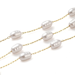 Golden Oval Plastic Pearl Beaded Link Chains, with Ion Plating(IP) 304 Stainless Steel Paperclip Chains, Soldered, with Spool, Golden, 10x6mm, 2.5x0.8x0.2mm