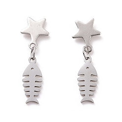 Stainless Steel Color 304 Stainless Steel Fishbone with Star Dangle Stud Earrings for Women, Stainless Steel Color, 25.5mm, Pin: 0.8mm