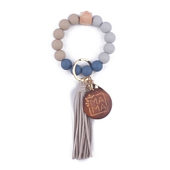 Tan Silicone Beaded Wristlet Keychain, with Imitation Leather Tassel and Word Mama Board, for Women Car Key or Bag Decoration, Tan, 20cm