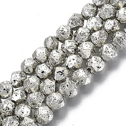 Platinum Plated Electroplated Natural Lava Rock Beads Strands, Round, Faceted, Bumpy, Platinum Plated, 6~7x5~6mm, Hole: 1mm, about 63~64pcs/Strand, 15.16 inch(38.5cm)
