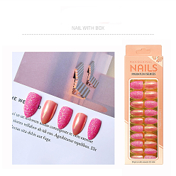 Pink Пластиковый пресс с полным покрытием на накладных кончиках ногтей, нейл-арт съемный маникюр, твердые ногти и блестящие ногти, слеза, розовые, 19~25x11.5~20 мм, 24 шт / коробка