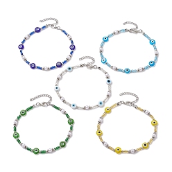 Mixed Color Handmade Evil Eye Lampwork & Glass Seed Beaded Anklets, Mixed Color, 10-1/4 inch(26cm)