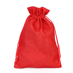 Red Linenette Drawstring Bags, Rectangle, Red, 14x10cm