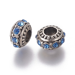 Sapphire Alloy European Beads, with Rhinestone, Large Hole Beads, Rondelle, Antique Silver, Sapphire, 13x7mm, Hole: 5mm