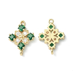 Green Brass Pave Cubic Zirconia Connector Charms, Light Gold, Rhombus Links, Green, 20x14x3mm, Hole: 1.2mm
