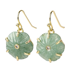 Зеленый Авантюрин Серьги-подвески из натурального зеленого авантюрина в форме цветка, с прозрачным кубическим цирконием и латунной фурнитурой, золотые, стойки покрытие, 25x16.5 мм