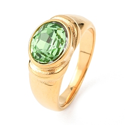 Зеленый 304 палец кольца из нержавеющей стали, овальные, со стеклом, ионное покрытие (ip), золотые, зелёные, Размер 7, 3.5~9.5 мм, размер США 7 1/4 (17.5 мм)