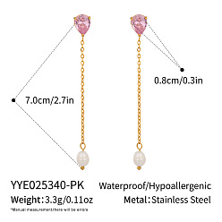 Pink 304 серьги-гвоздики с кисточками из нержавеющей стали с кубическим цирконием, с имитацией жемчуга, реальный 18 k позолоченный, розовые, 70x8 мм