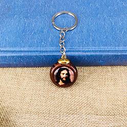 Platinum Flat Round Double-sided Religious Jesus Plastic Pendant Keychain, with Metal Findings, Platinum, 10cm