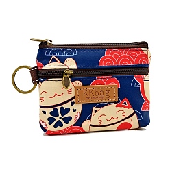 Dark Blue Cat Printed Polyester Wallets, 2 Layers Zipper Purse for Change, Keychain, Cosmetic, Rectangle, Dark Blue, 10x12x1.5cm