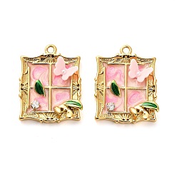 Pink 304 подвески из нержавеющей стали с эмалью и стразами, Со смолой и имитацией жемчуга, Прямоугольник с бабочкой, ионное покрытие (ip), реальный 18 k позолоченный, розовые, 26x20x4 мм, отверстие : 1.8 мм